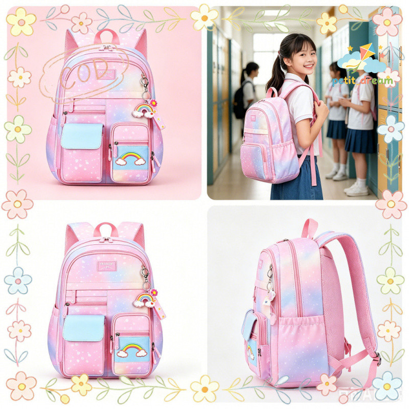 กระเป๋านักเรียนเด็กสีรุ้งไล่โทนสีสีชมพูเหมาะสําหรับการทํางานกันน้ําเหมาะสําหรับนักเรียนชั้นประถมศึกษา