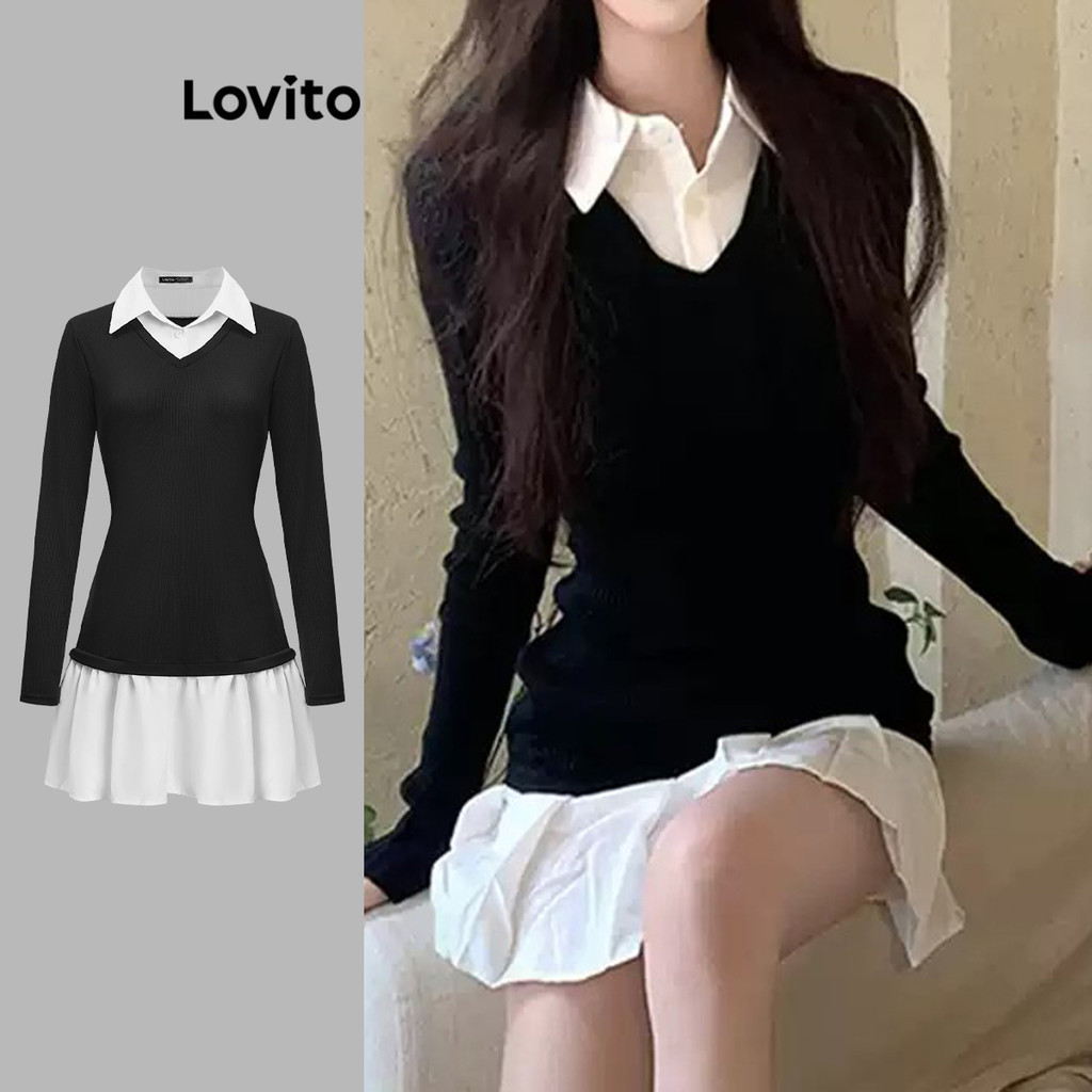 Lovito ชุดเดรส ผ้าเรียบๆ สไตล์แคชชวล สำหรับผู้หญิง เกาหลี อินเทรนด์ L110AD1466