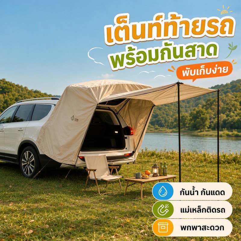 เต็นท์ท้ายรถ SUV MPV กันสาดแม่เหล็กติดรถ ผ้า Oxford หนา พับเก็บง่าย เต็นท์แคมป์ปิ้งพกพา