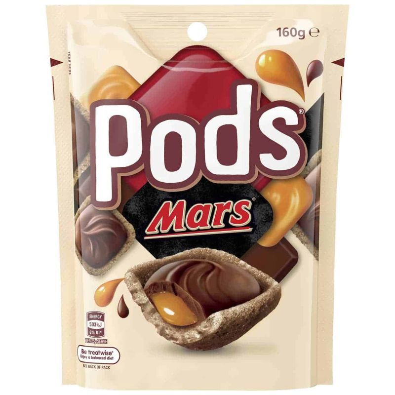 พ็อดส์มาร์สเวเฟอร์รูปถ้วยเคลือบช็อกโกแลตสอดไส้คาราเมล 160กรัม Pods Mars 160g. [หมายเลขบาร์โค้ด 9300682047913]
