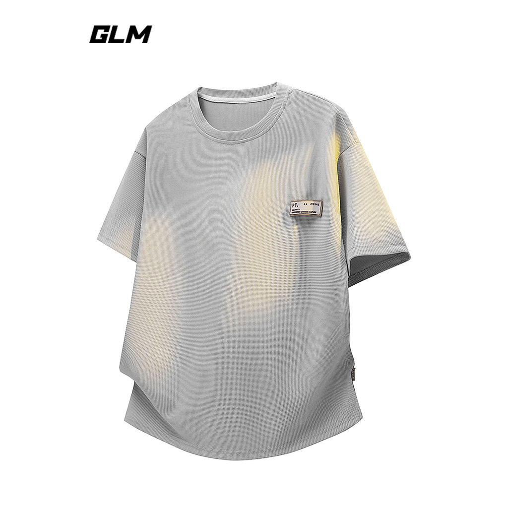 GLM อย่างเป็นทางการของแท้วาฟเฟิลแขนสั้นเสื้อยืดผู้ชายหลวมรอบคอ Breathable Casual Top ฤดูร้อนสีทึบ Co