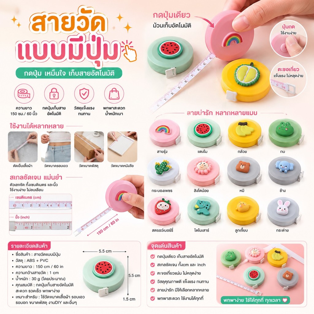 GTRms(GG539) สายวัดตัว-เอว คละลาย แบบมีปุ่ม