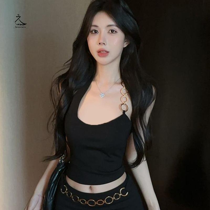 [HSSL] ฤดูร้อนสาวร้อนแฟชั่น Chic แหวนโลหะ Halter คอแขนกุด Slim Camisole MCL7717