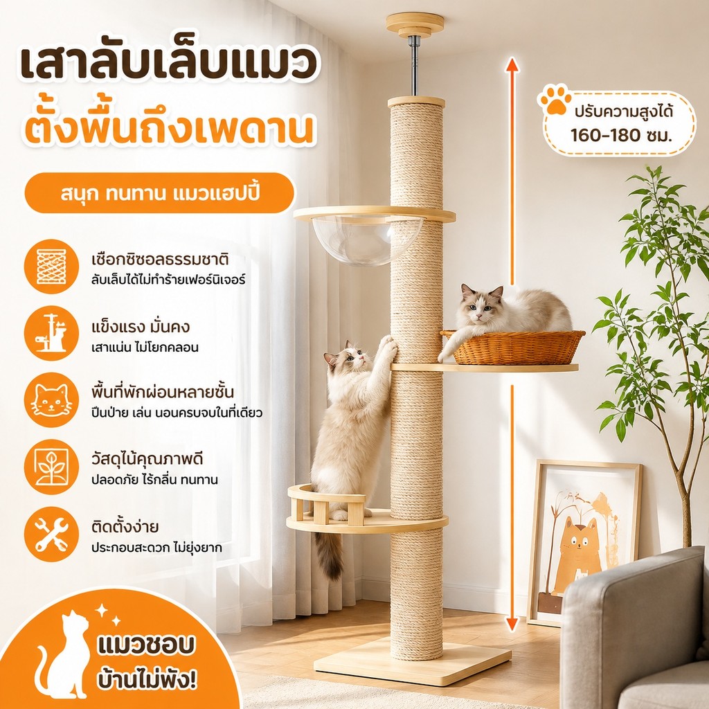 Bay Window Cat Condo พร้อม Hammock Scratching Pole Cat Tower เพดาน Cat Tree ของเล่นแมว 1.6-1.8m H I0