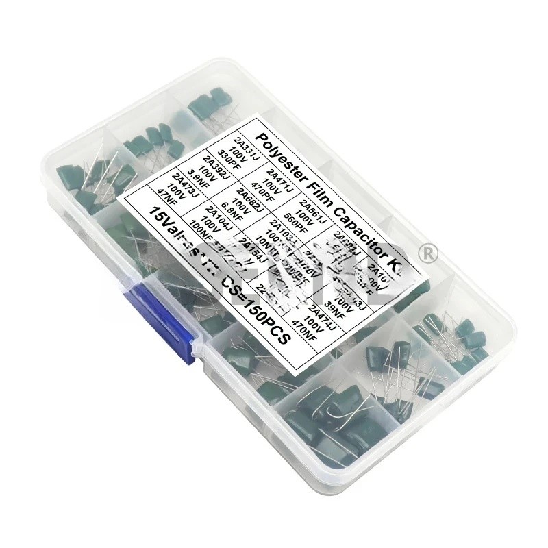 150pcs โพลีเอสเตอร์ฟิล์ม Capacitor Assortment ชุดกล่อง 15 ค่า 2A331J 2A471J 2A102J 2A103J 2A223J 2A1