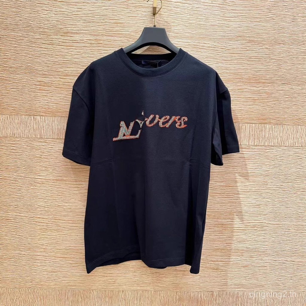 CA2B L24SS ปักลูกปัดปักรูปแบบตัวอักษรรอบคอแขนสั้นเสื้อยืดผู้ชายผู้หญิงสไตล์เดียวกัน Casual All-Ma