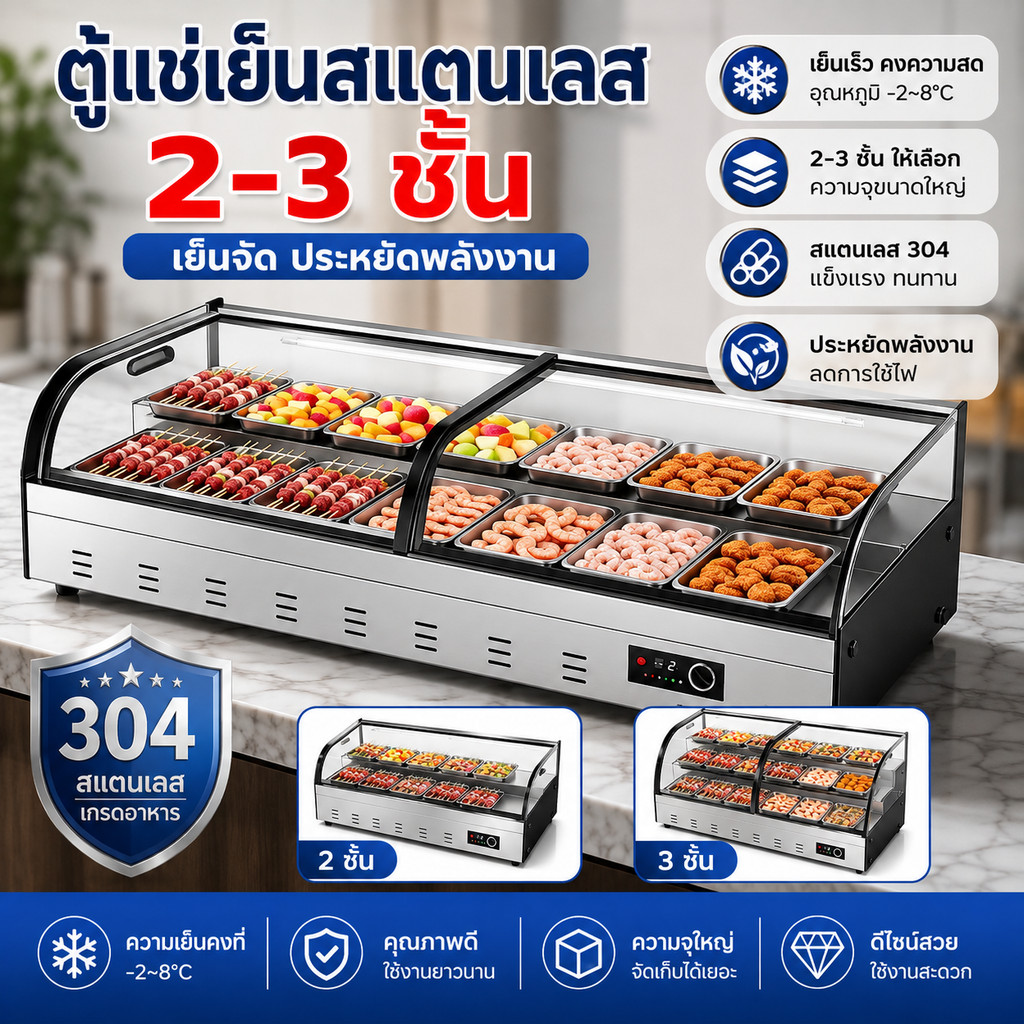 Three-layer glass display cooler, stainless steel, tempered glass, copper tube, suitable for seafood, snacks.