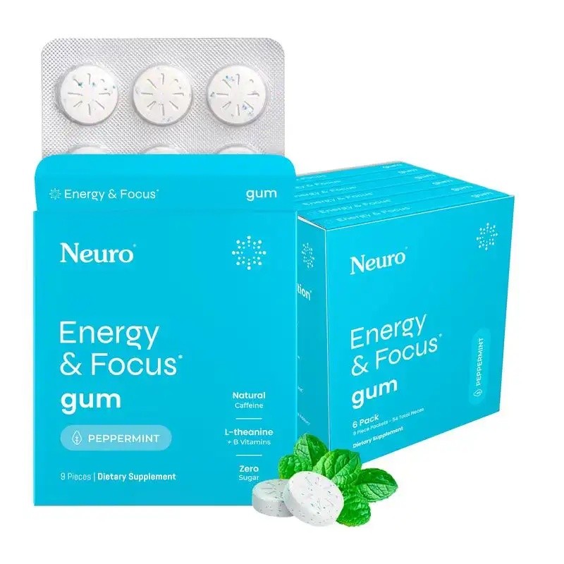 Neuro Energy Caffeine Gum/มิ้นต์สําหรับ Energy & Focus - ปราศจากน้ําตาลกับ L theanine, Caffeine, Vit
