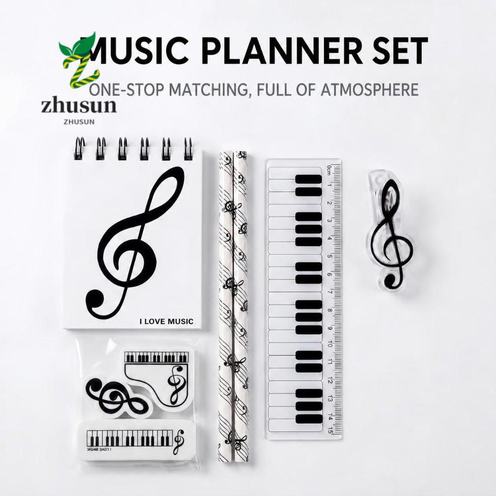 ZHUSUN 7/8 ชิ้นยางลบดินสอ, ธีมดนตรีเปียโน Treble Clef พิมพ์ชุดเครื่องเขียน, Kawaii ไม้บรรทัดนักเรียน