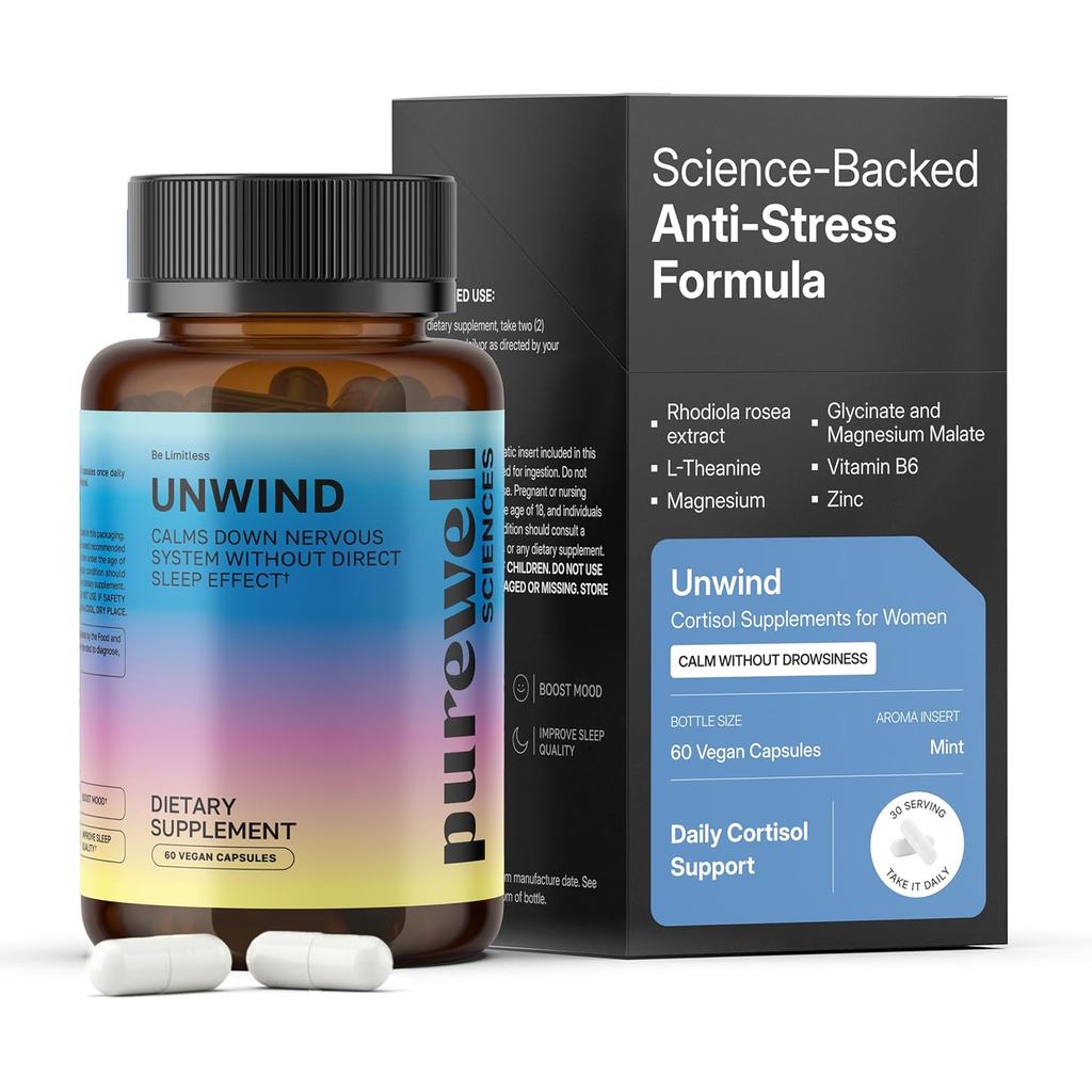 Unwind - อาหารเสริม Cortisol สําหรับผู้หญิง - โดยไม่ต้องเสก - 60 แคปซูลมังสวิรัติ
