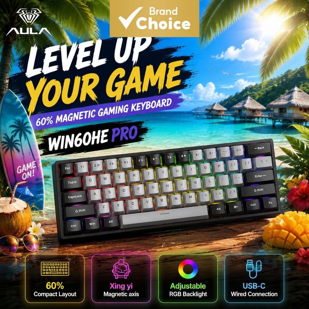 คีย์บอร์ดแมคคานิคอลแม่เหล็ก AULA WIN60HE PRO สวิตช์ Xingyi, Rapid Trigger, ไฟ RGB, ขนาดกะทัดรัด 60%,