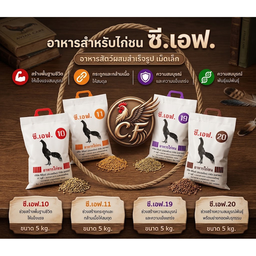 อาหารไก่ชนซี.เอฟ CF Fighting Cock ขนาด 5 กิโลกรัม สำหรับไก่ชนและไก่พื้นพื้นเมือง ทุกสายพันธุ์