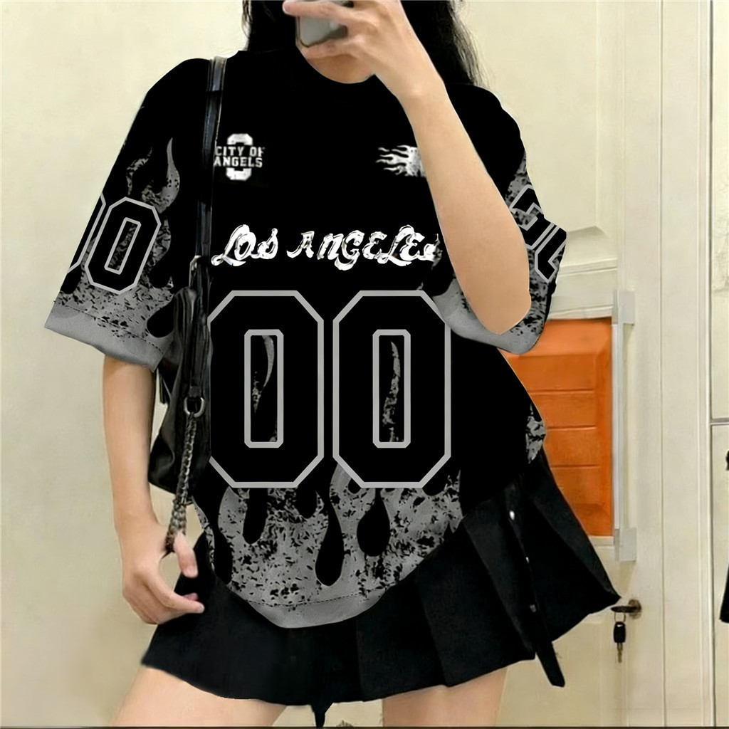 Y2K Sweet Cool Los Angeles 00 Oversize Jersey, Dopamine Outfit Harajuku Flame Print เสื้อยืด, Loose 