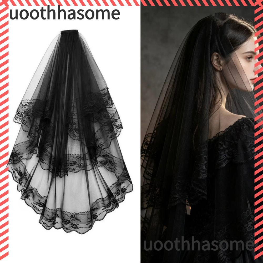 UOOTHASOME ลูกไม้ Veil, สองชั้นสีดํา Tulle Veil, Vintage Lace Edge ดอกไม้ลูกไม้ Trim Headpiece Veil 