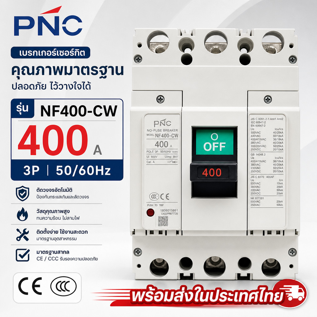 ราคาโรงงาน ไท ย ท MODEL:NF400CW 3P  เบรคเกอร์ 3โพ NO -FUSE BREAKER 300A และ 400A ui600V uimp 8KV cat