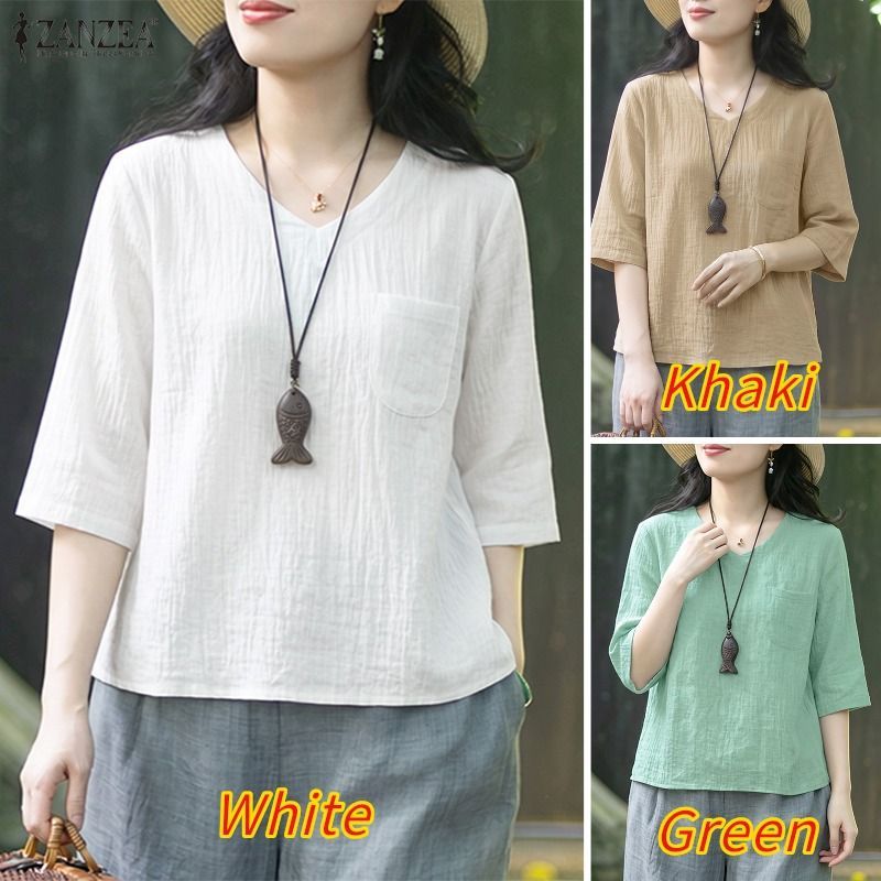 ZANZEA เสื้อเบลาส์เรียบง่ายคอวี 3/4 สําหรับผู้หญิงแฟชั่นเกาหลี — صورة 3
