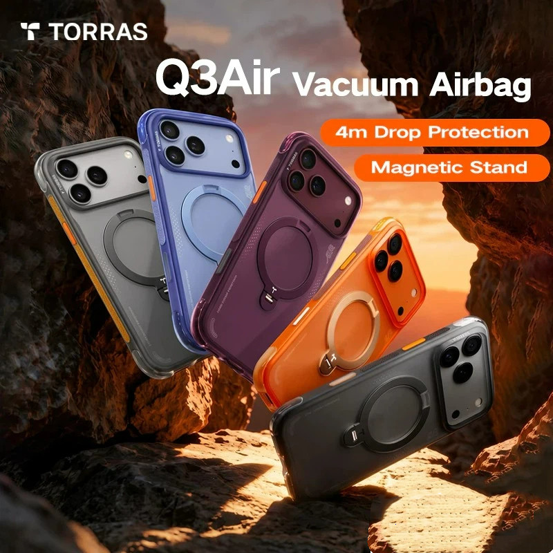 TORRAS4m ถุงลมนิรภัยกันกระแทก Q3Air กรณีแม่เหล็กสําหรับ iPhone 18 17 16 Pro Max, 360° ปลอกขาตั้ง, ป้