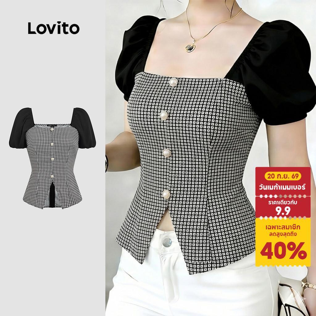 Lovito เสื้อเชิ้ตลําลองผู้หญิง สีดํา แขนสั้น ตกแต่งไข่มุก ปักลายผ้า เหมาะสําหรับฤดูใบไม้ผลิและฤดูร้อน เกาหลี อินเทรนด์ LK6AD1001