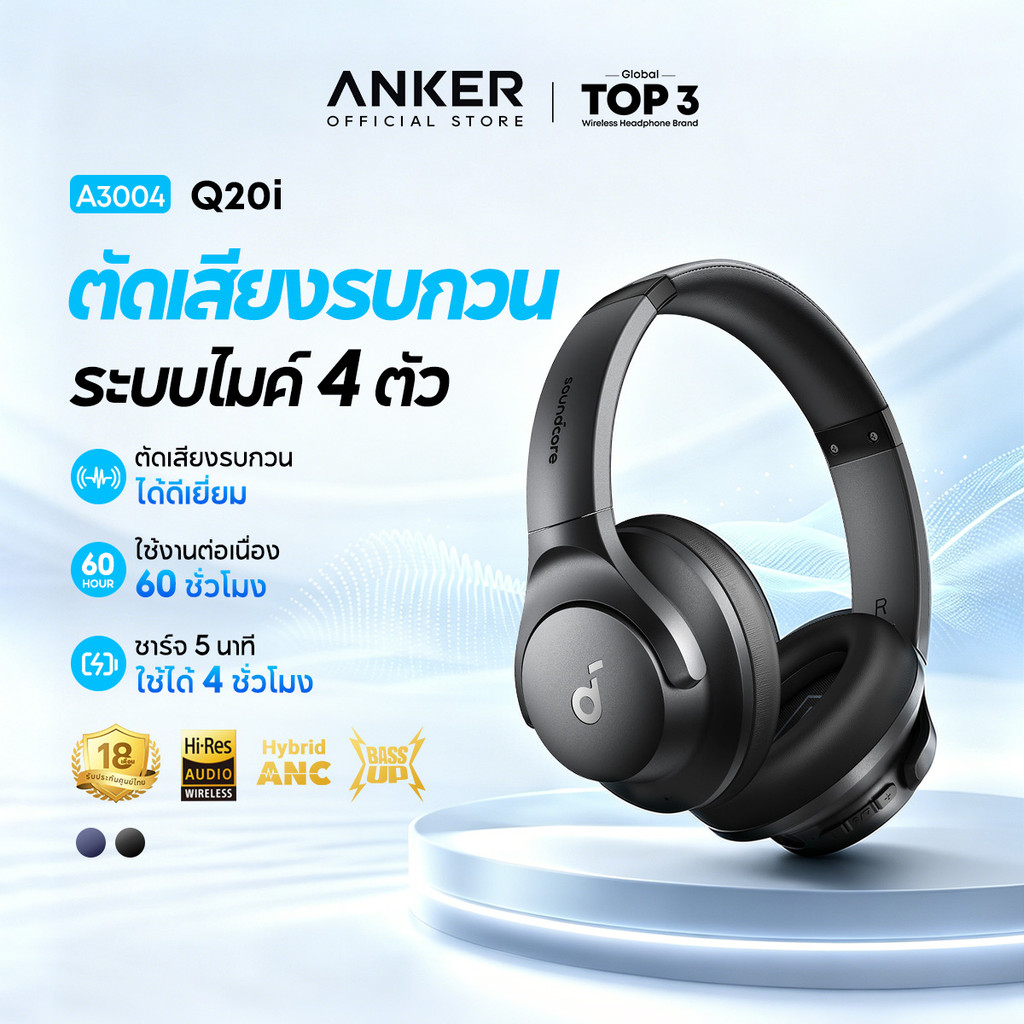 ANKER Soundcore Q20i หูฟังบลูทูธไร้สาย headphone ไดรเวอร์ 40 มม. Hi-Res เมมโมรี่โฟม หูฟังบลูทูธ 5.0 รุ่นอัพเกรด A3004