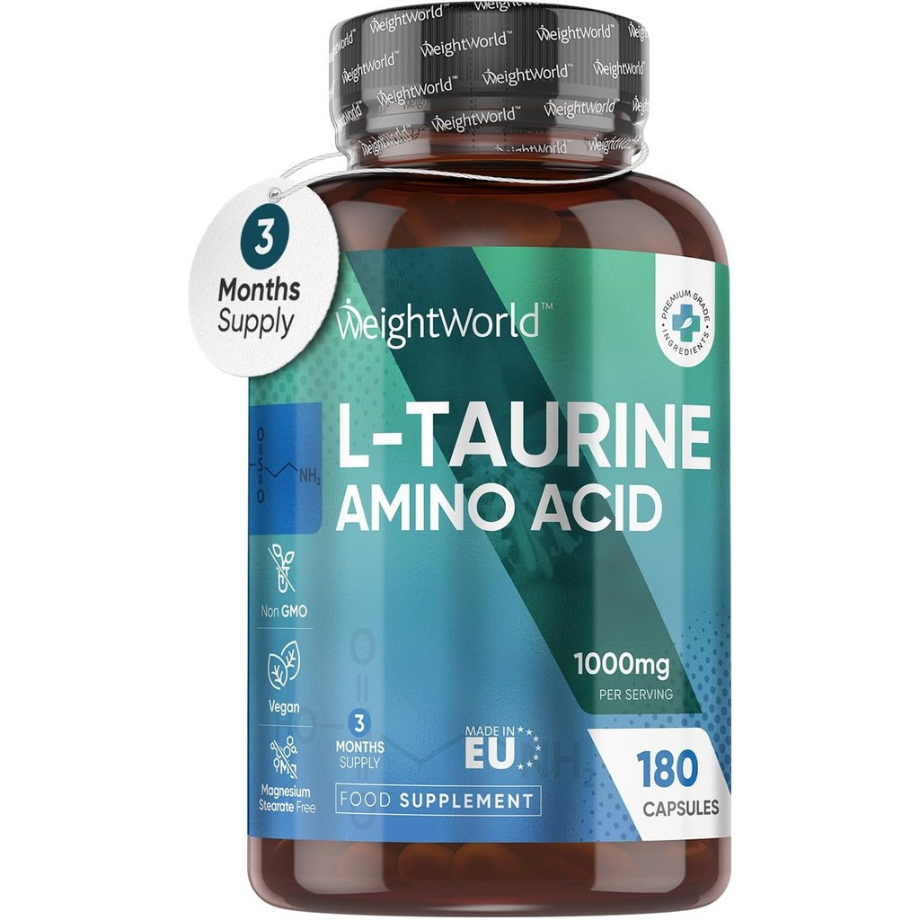 L Taurine 1000mg Capsules - 180 High Strength Taurine Capsules (3 Months Supply) - Vegan Amino Acid 