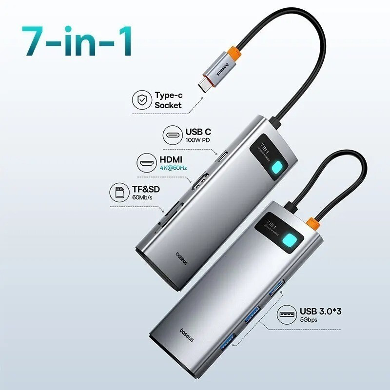 Baseus 7 in 1 Gen 2 USB C HUB 4K@60Hz HD USB 3.0 PD 100W Type C USB HUBHT99 USC6