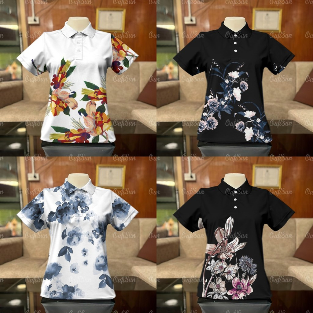 เสื้อโปโลลายดอกไม้หรูหราสำหรับผู้หญิง ใส่ได้ทั้งสงกรานต์และลำลอง สีขาบรัดบี้