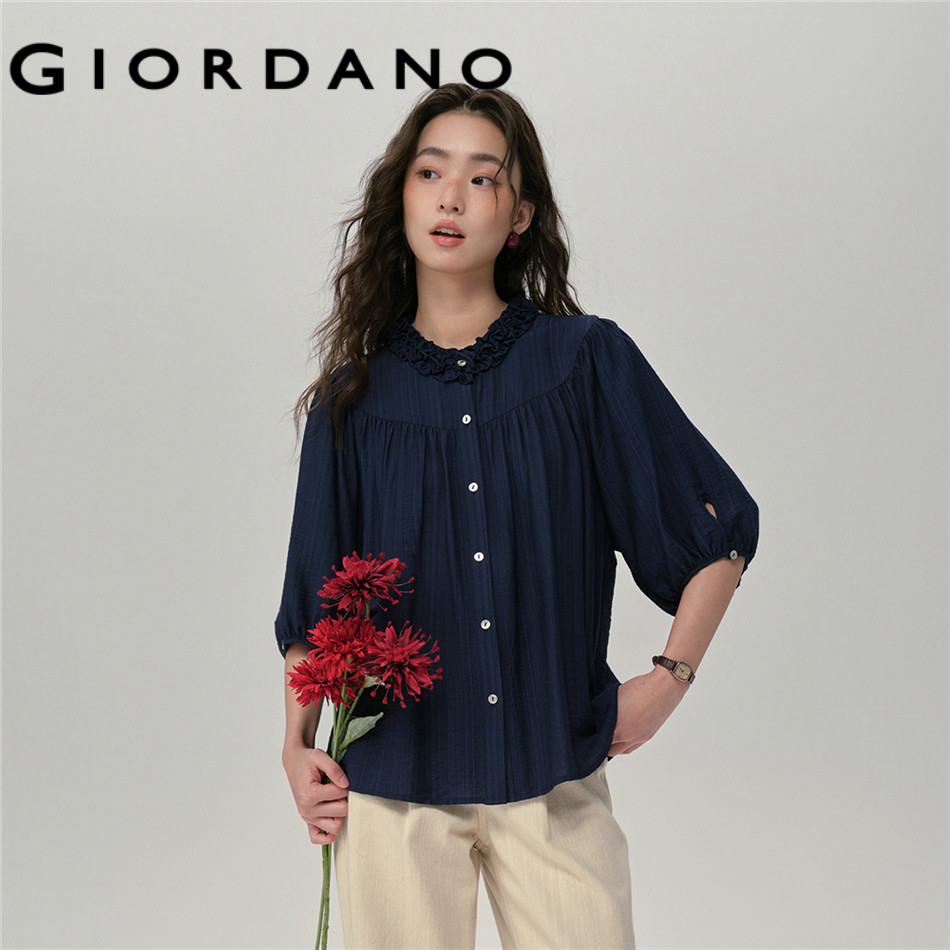 GIORDANO WOMEN Ruffle mandarin collar elbow length sleeve blouse 18345216