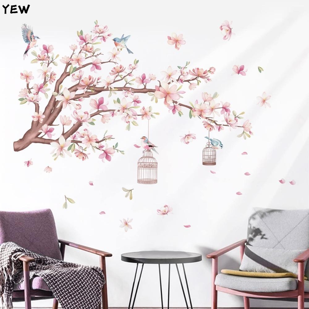 YEW Cherry Blossom สติ๊กเกอร์ติดผนัง, 23.62in*11.81in Flying Birds Flower Wall Decals, ที่ถอดออกได้ 