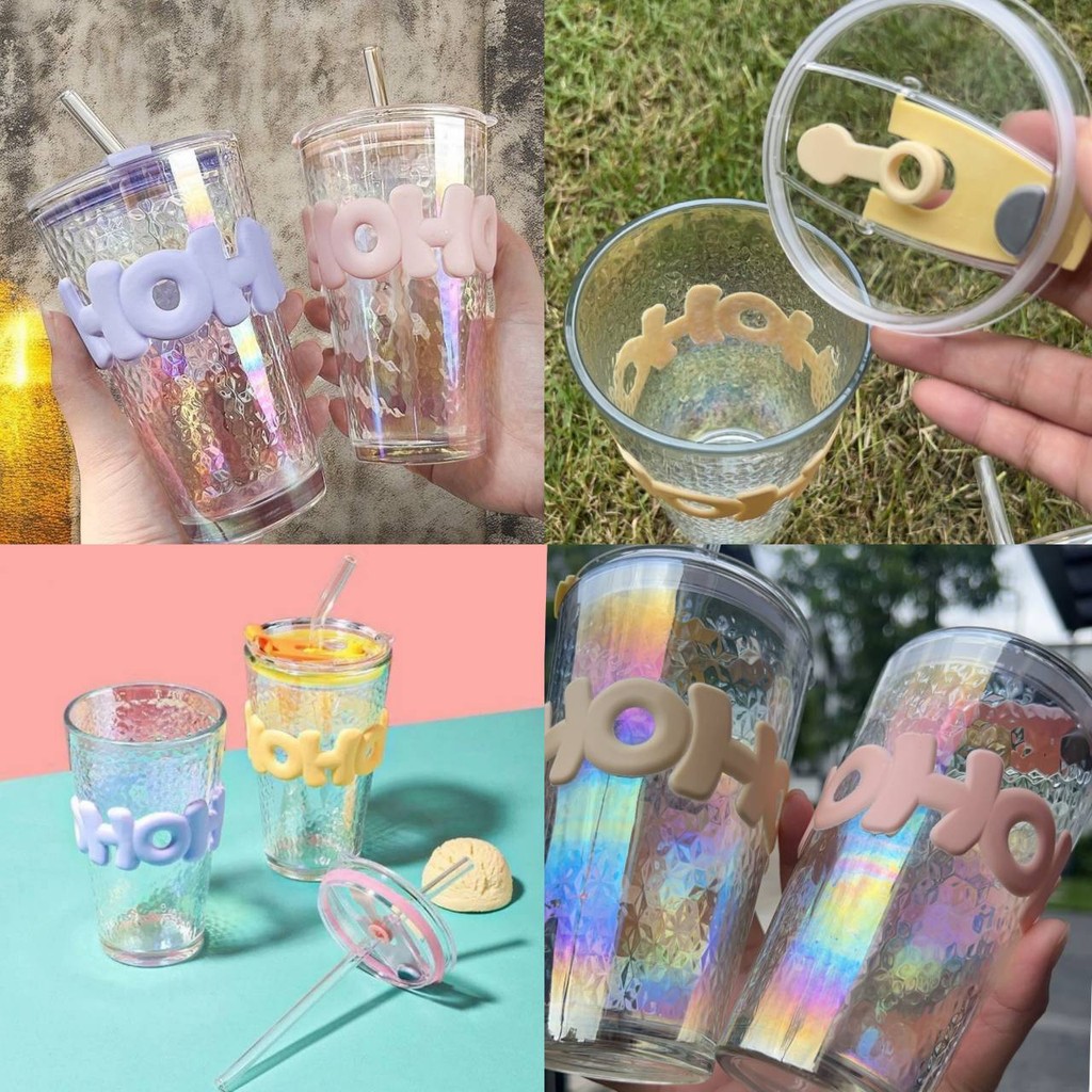 🥤แก้วพร้อมหลอดดูดน้ำ🥤มีฝาปิด🍒แก้วน้ำผลไม้ แก้วคริสตัส สีสวย สไตส์เกาหลี น่ารักมินิมอล พร้อมส่งจากไทย