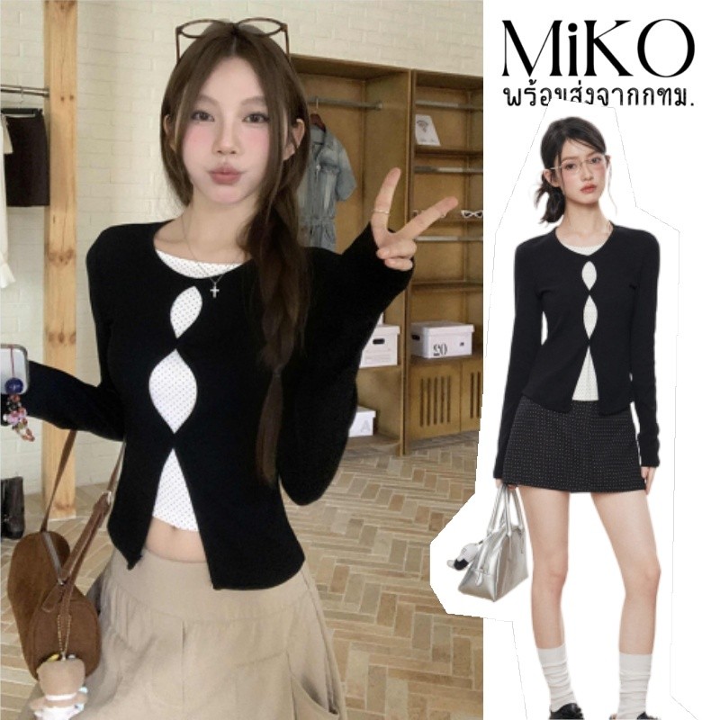 Miko พร้อมส่ง  ดีไซน์เก๋เก๋ เสื้อเชิ้ตรัดรูปสองชิ้นติดกัน สายโพกาดอท สไตล์เกาหลี  สไตล์เซ็กซี่ไม่มากไปกว่านั้น ราคา ถูกที่สุด ดีลบีเคเค