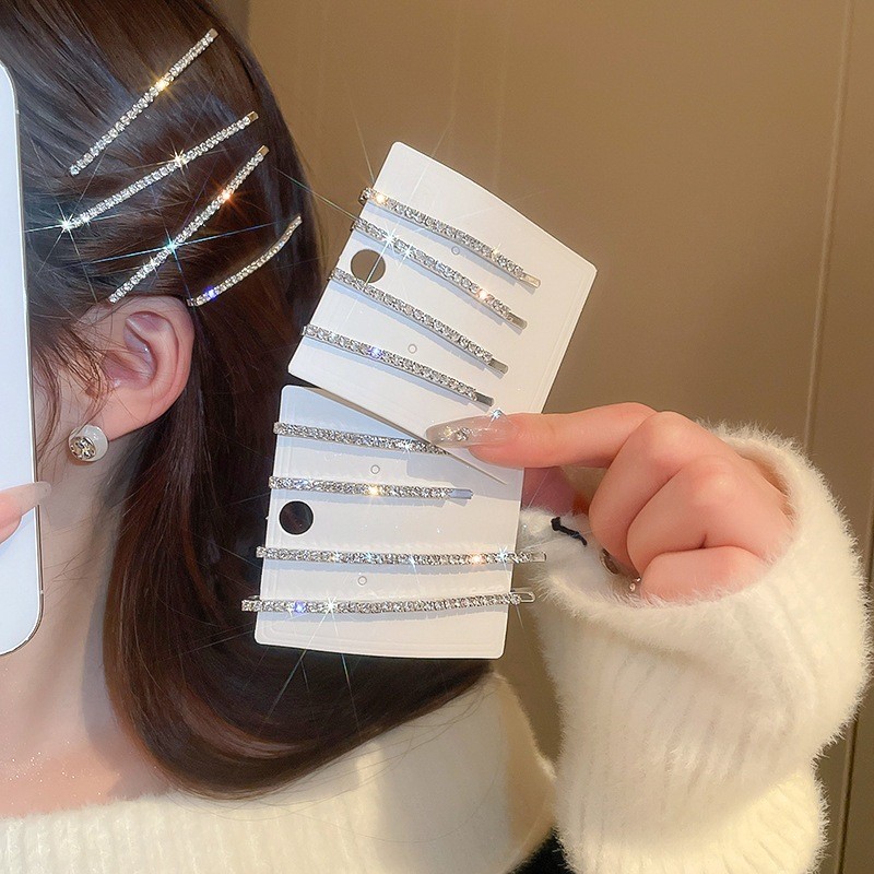 Super sparkly diamond-studded One-Line side bangs Hairpin เกาหลีอเนกประสงค์ชุดสี่ชิ้นของกิ๊บติดผมเส้นเดียวเครื่องประดับผม