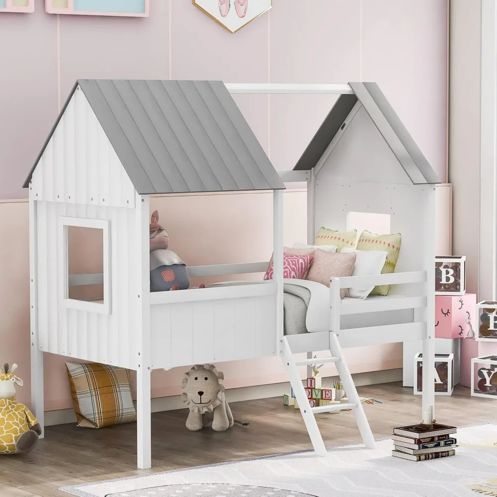Twin House Bed For Kids Wood Low Loft Bed Frame With Windows And Roof, Easy Assembly, For Girls Boys