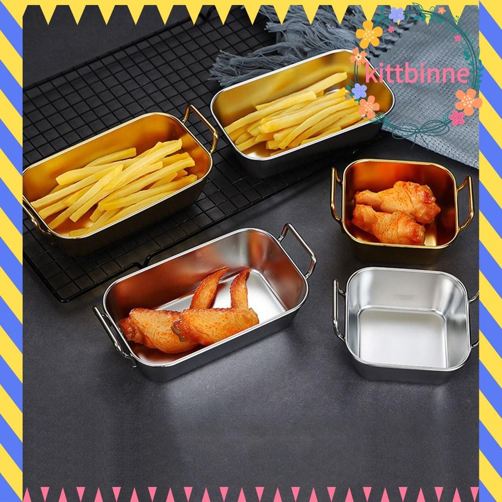 KITTBINNE823 ถาดอาหารทอด, สแตนเลสพร้อมที่จับตะกร้าขนม, Silver Gold Sqaure สี่เหลี่ยมผืนผ้า French Fr