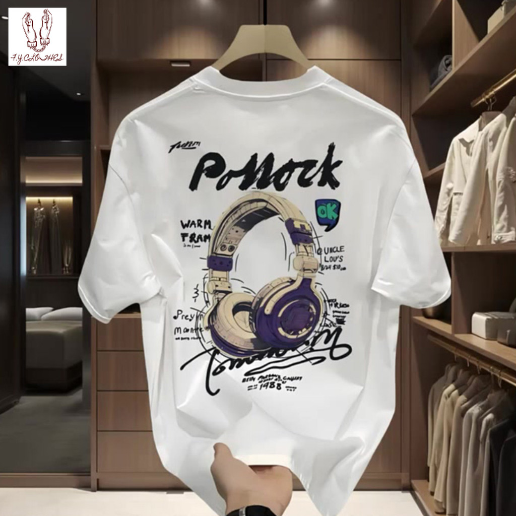 เสื้อยืดแขนสั้นชายฤดูร้อนใหม่ พิมพ์ลายหูฟัง คอกลมหลวม แขนสั้น ลำลองและอเนกประสงค์