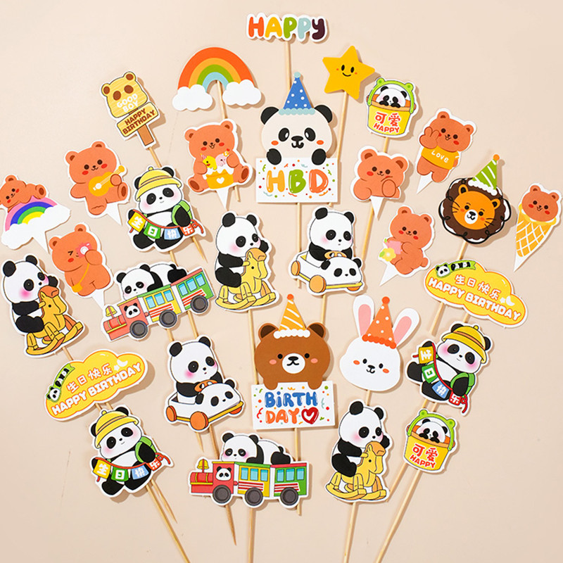 ใส่เค้กการ์ด Big Panda เค้กตกแต่ง Plug-In HBD หมีน้อยกระต่ายการ์ด Rainbow Smiley Sunflower Love Hear