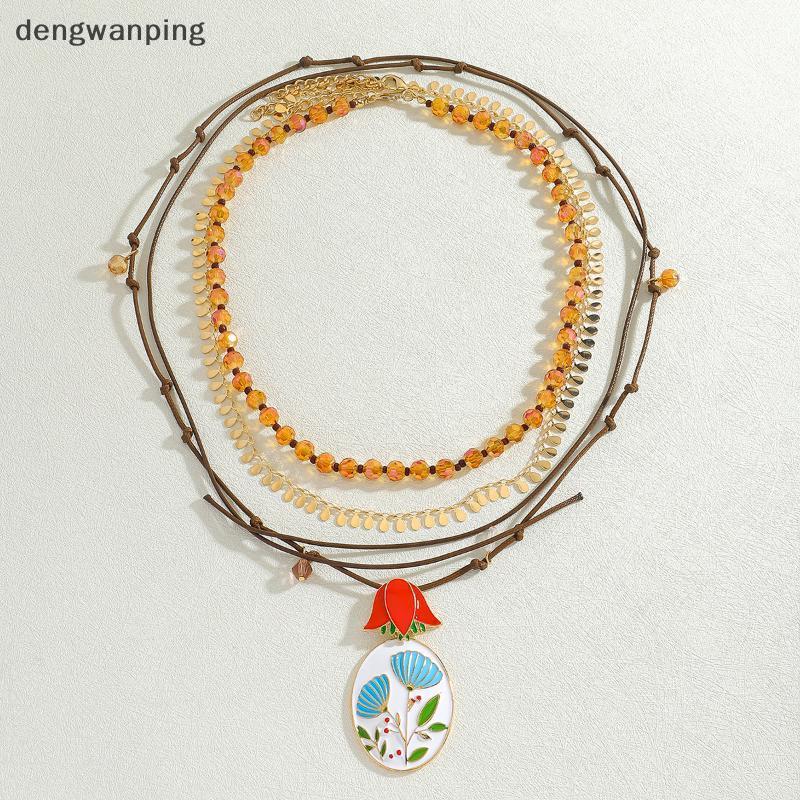 [DWP] Boho สไตล์ Handmade ลูกปัด Multi-layer Alloy Drop ภาพวาดสีน้ํามันดอกไม้เรขาคณิตจี้สร้อยคอผู้หญ