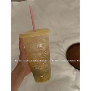 แก้วกาแฟ แก้วเกาหลี ลายใหม่ins มีฝาปิด พร้อมหลอด ขนาด470-700 มล มี 2 ลายให้เลือก พร้อมส่ง
