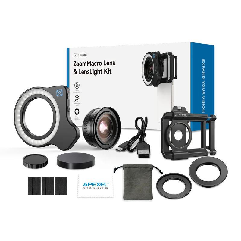 APEXEL 10-20X Zoom Macro Lens + ชุดไฟ LED FL26, เลนส์กล้องมาโครโทรศัพท์มือถือระดับมืออาชีพเข้ากันได้