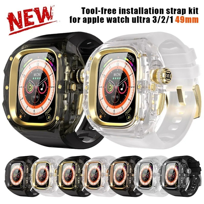 Fluororubber Band + เคสสแตนเลสสําหรับ Apple Watch Ultra 3 2 1 สายซิลิโคนสําหรับ iWatch ULTRA 49MM Luxury Modification Kit