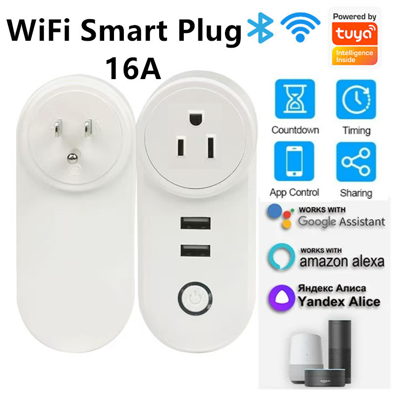 ปลั๊ก WiFi อัจฉริยะพร้อม 2 USB 2A ซ็อกเก็ต WireLess Tuya Smart Life Remote Timing เสียง Google Home Alexa