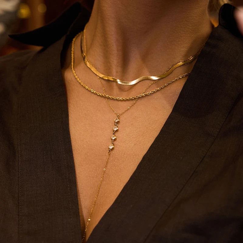 Uworld Minimalist 18K Gold Color Plated Stainless Steel White Round Zircon Pendant Y-shaped Chain St