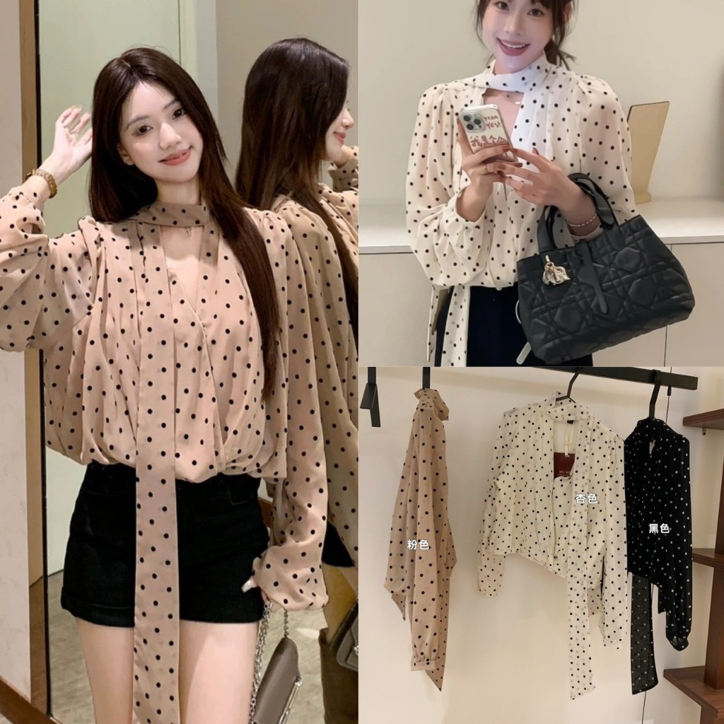 ❤ 🧵 🇰🇷 W7494 เสื้อแขนยาว ลายจุด คอวี มาพร้อมผ้าพันคอ ผ้าดีใส่สบาย สีสวย งานสวยมากๆค่ะ แฟชั่นเกาหลี TAG WG.WE 🧵🧡