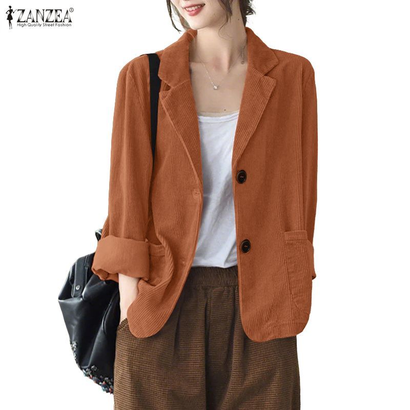 ZANZEA ซานเซีย สูทสำหรับผู้หญิง ดีไซน์เกาหลี ทำจากผ้าลูกฟูกแขนยาว มีกระเป๋าและซี่โครง เหมาะสำหรับวันทำงานหรือโอกาสพิเศษ — صورة 4
