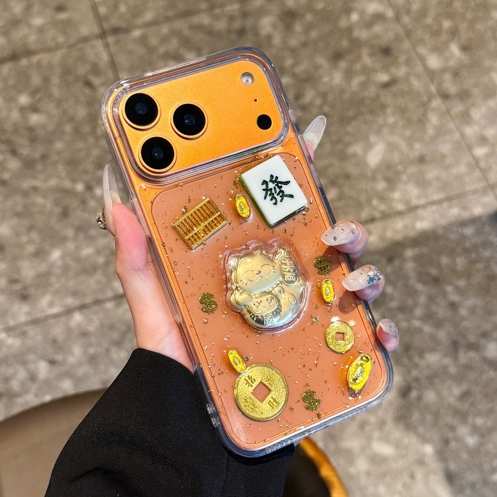 Lucky Cat รับ Rich Glitter เลื่อมโปร่งใสเคสโทรศัพท์สําหรับ iPhone 17Promax 17Pro 16Promax 12 13 14 15 Pro Max 11 16Plus กันกระแทกผู้หญิงผู้ชายฝาครอบมือถือ