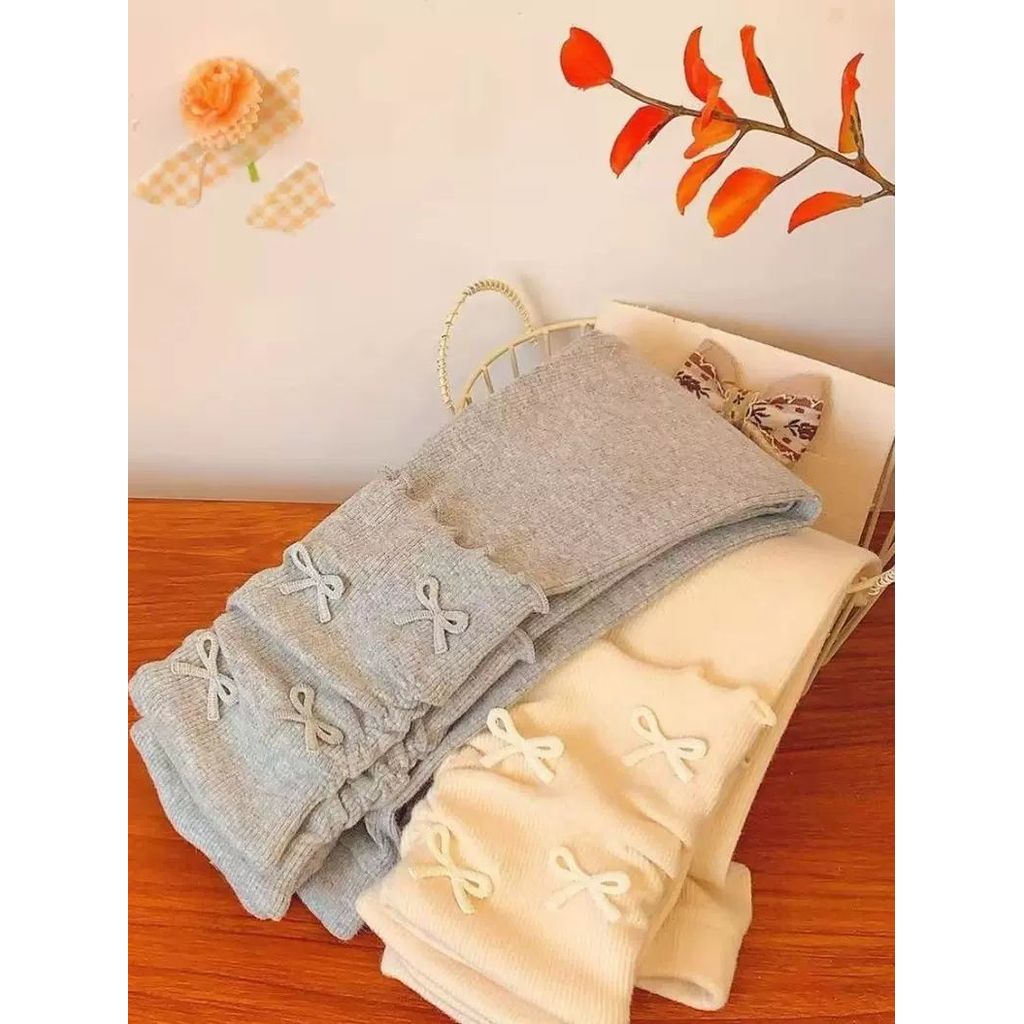 Leggings Pile Bow แบบ slim-fit สำหรับฤดูใบไม้ร่วง เหมาะกับเด็กผู้หญิงและวัยรุ่น