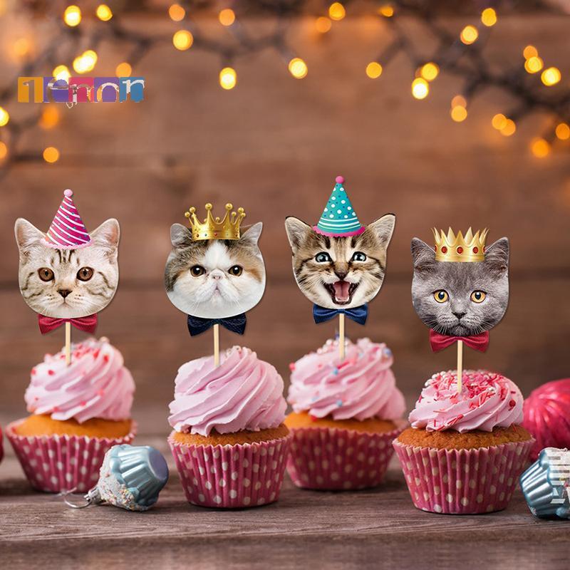 [Lemon] 8 ชิ้น Cat Cupcake ตกแต่งแมวน่ารักธีมวันเกิดเค้ก Topper กระดาษขนมตกแต่งใหม่