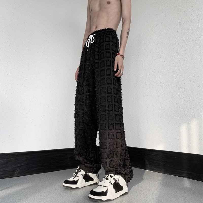 กางเกงลำลองผู้ชายYOJI YAMAMOTO ทรงบาง สไตล์จีน พู่ขนนก ลายสก๊อต เหมาะสำหรับใส่ในฤดูร้อน