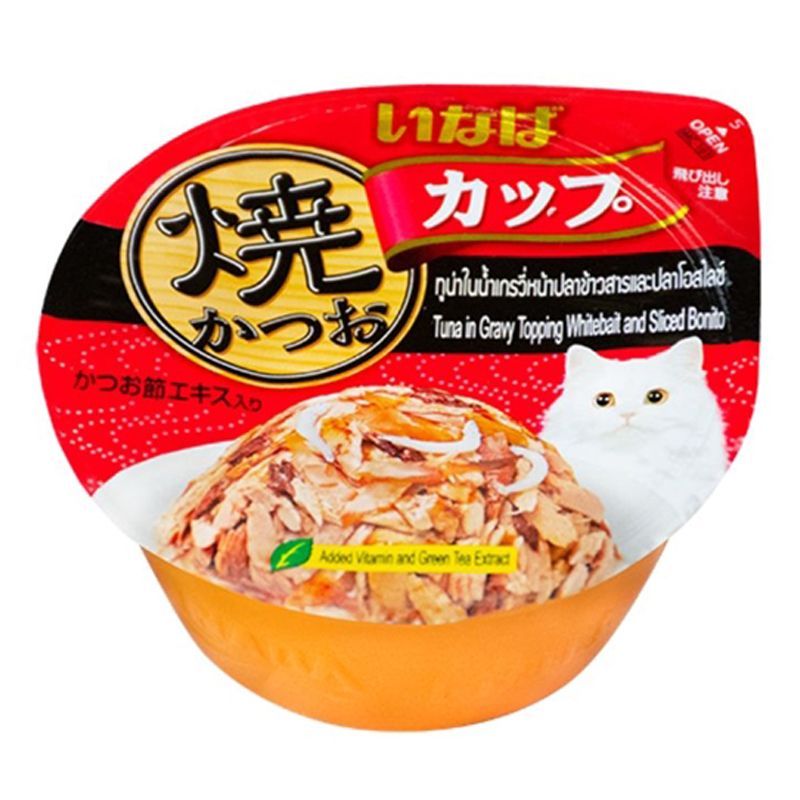 อินาบะปลาทูน่าเนื้อขาวและแดงพร้อมปลาข้าวสารและปลาโอ 70ก Inaba Yakikatsuo Shirasu with Katsuobushi 70g [4901133863103 ]