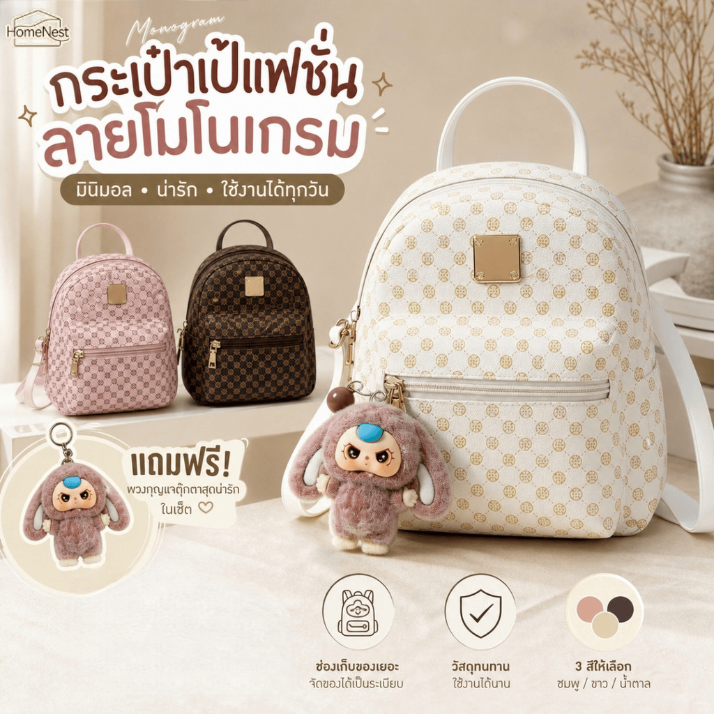 กระเป๋าเป้สะพายหลังขนาดเล็กสำหรับผู้หญิง ปรับได้ พิมพ์ลายโมโนแกรมวินเทจ ทำจากหนัง PU พร้อมจี้ตุ๊กตา