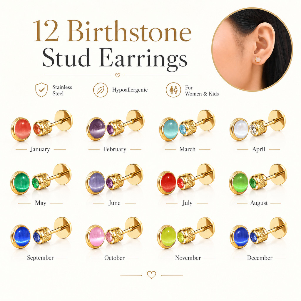 Vnox ผ่าตัดสแตนเลส 12 สี Cats Eye Birthstone ต่างหู, สองด้านสกรูกลับ Unisex ต่างหูสตั๊ด — صورة 2